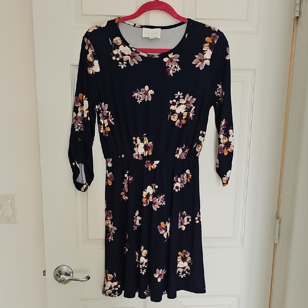 French Grey Navy Floral Long Sleeve Dress